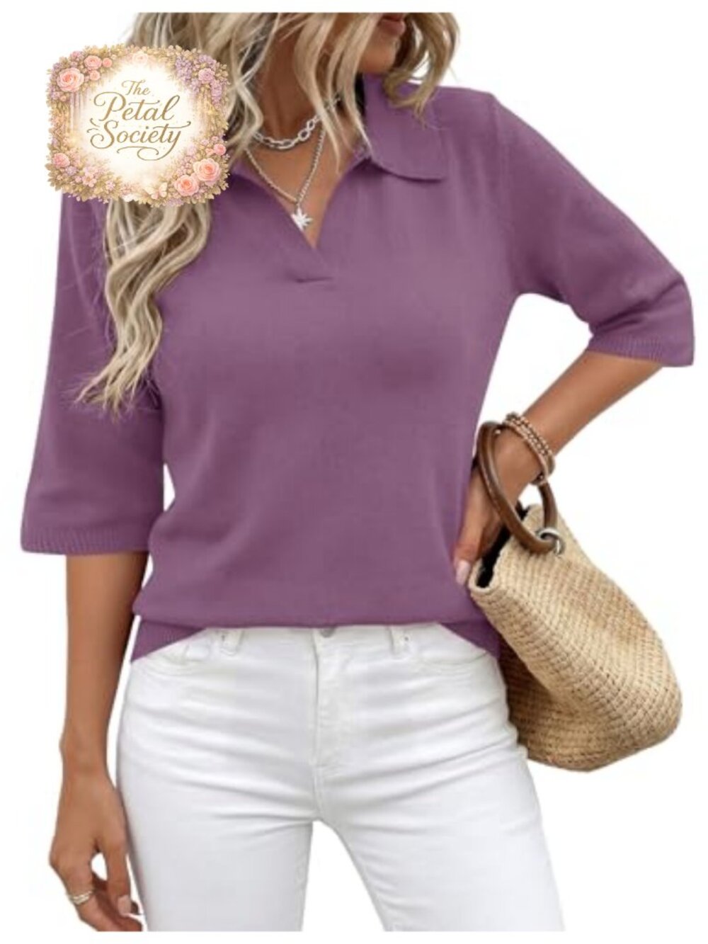 Rapbin Women's 3/4 Sleeve Polo Sweater Knitted Collared Pullover